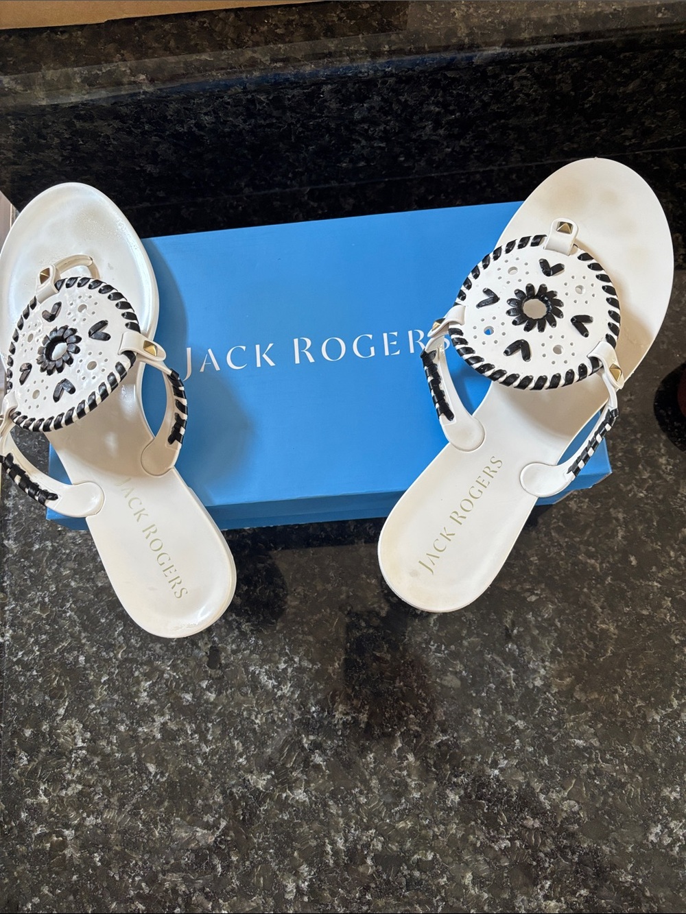 Jack Rogers White Leather Sandals with Black Trim